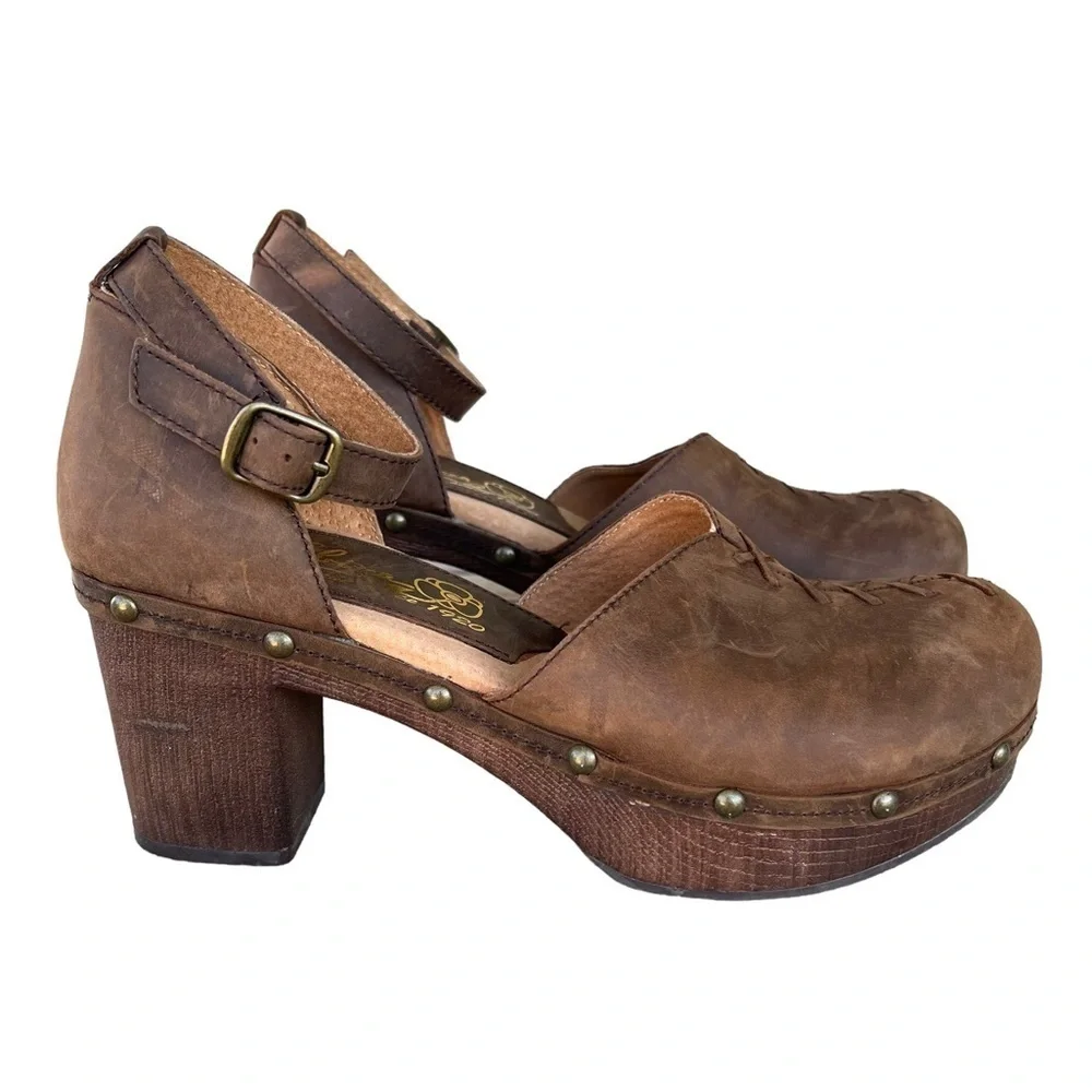 Sbicca Donerail Leather Studded Platform Clog Sandal Brown Size 10 Ankle Strap